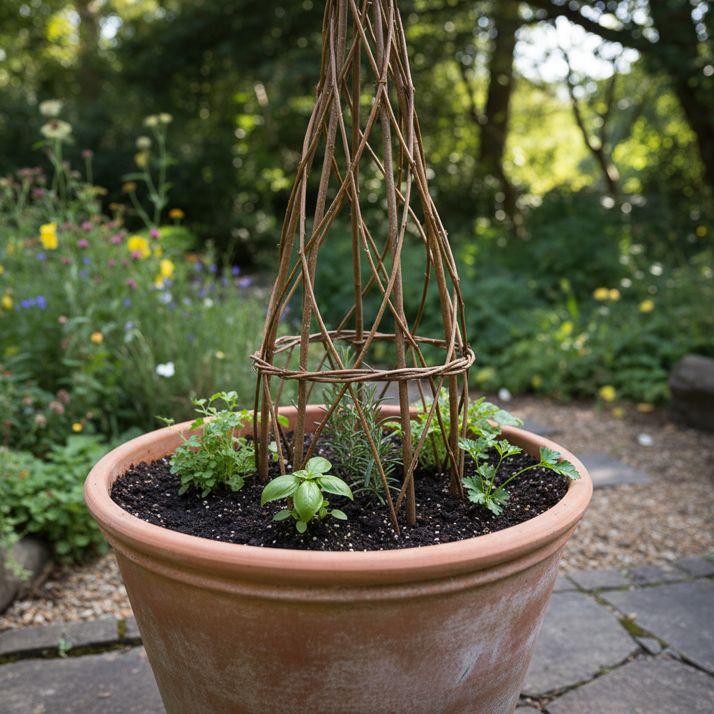 Garden Planter with Herbs and Willow Obelisk