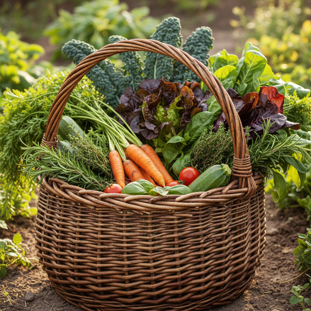 Rustic Willow Basket with Herbs and Vegetables